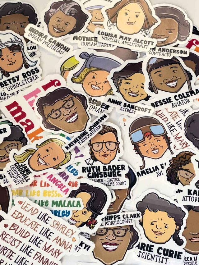 Women's History Month Vinyl Stickers featuring illustrated historical women, available in packs of 5, 10, 25, or 50. Perfect for education, empowerment, and everyday inspiration.