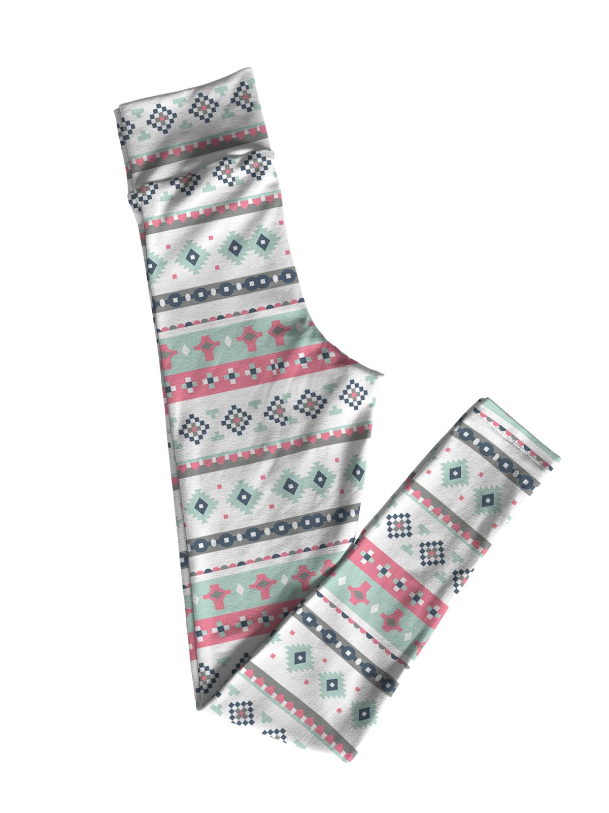 Flat lay of women's pastel Aztec print leggings with a yoga waistband, featuring soft pink, mint green, and navy geometric patterns on a light background.