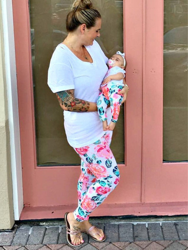 Girls' handmade coral floral cotton leggings with elastic waistband for Mommy and Me outfit