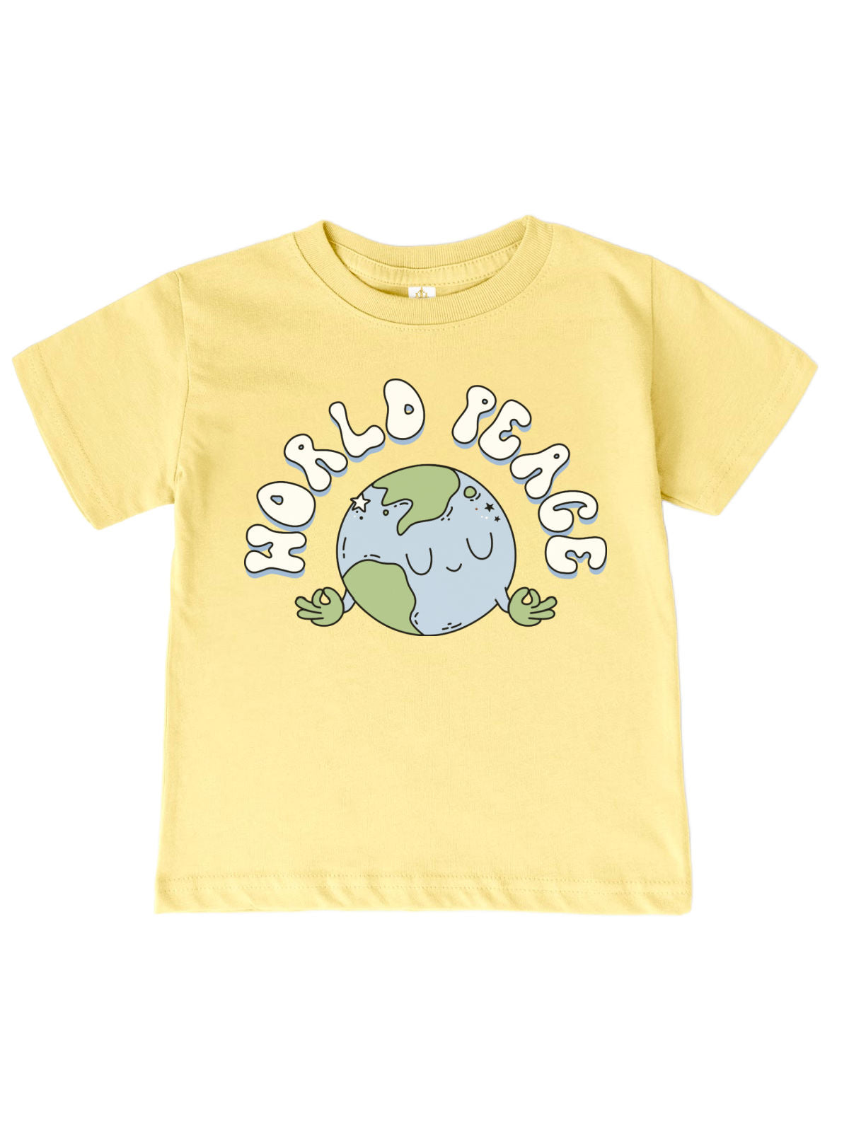 Banana yellow "World Peace" kids Earth Day shirt with peaceful Earth cartoon design