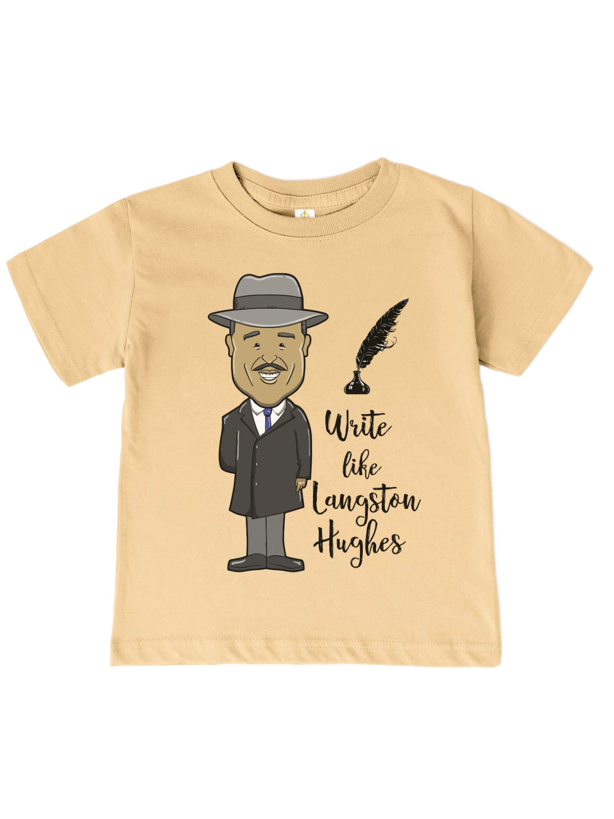 Beige t-shirt with a graphic of a man in a suit and hat, a feather pen, and text 'Write like Langston Hughes' on a white background.