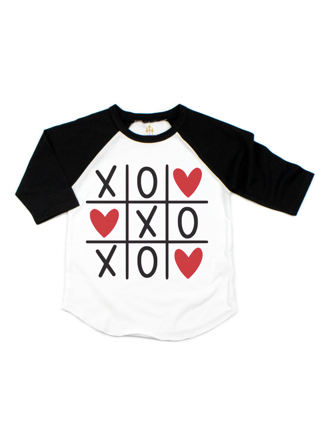 Black sleeves white shirt kids Valentine's Day shirt with tic tac toe board using X and O and hearts