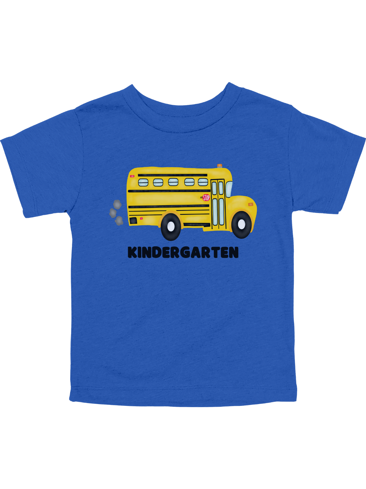 Royal blue kids t-shirt with yellow school bus and “Kindergarten” text – perfect for first day of school