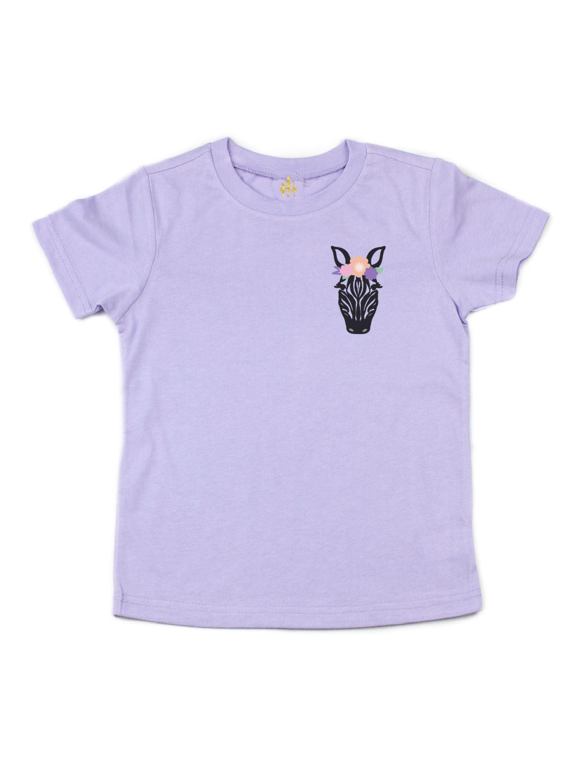 Lavender kids t-shirt with a black zebra face and floral crown – safari animal tee for girls