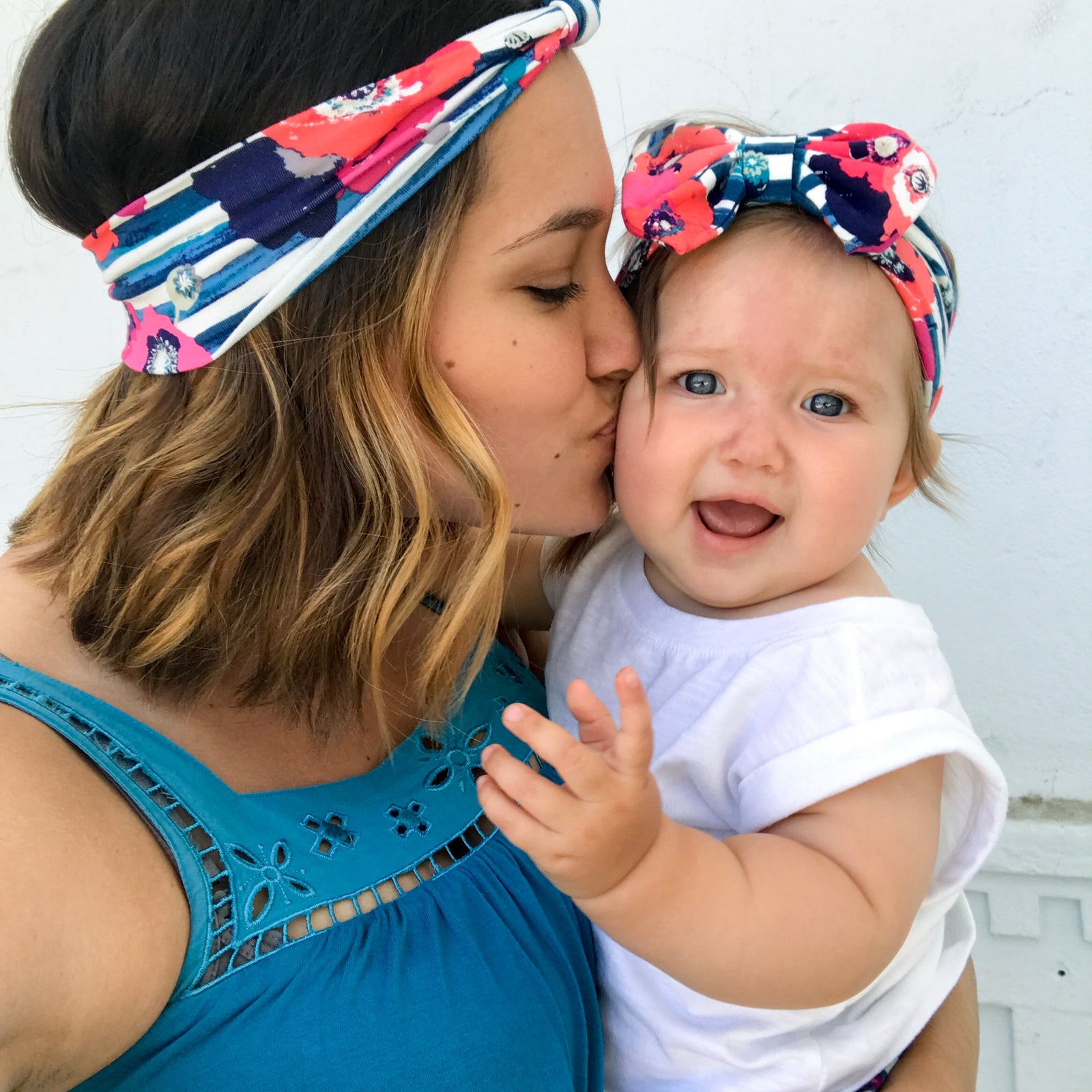 Matching mommy and me floral headbands with red flowers and navy stripes, handmade stretch knit set