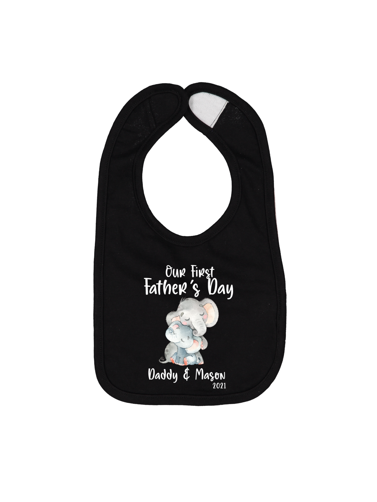 Personalized Father’s Day baby bib with hugging elephants and custom name