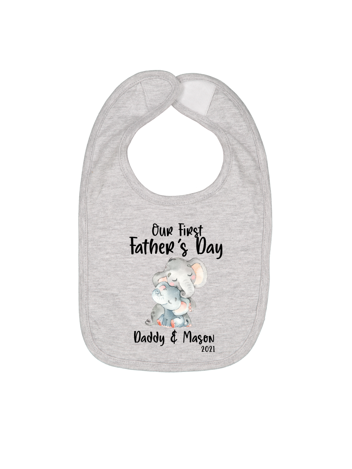 Personalized Father’s Day baby bib with hugging elephants and custom name