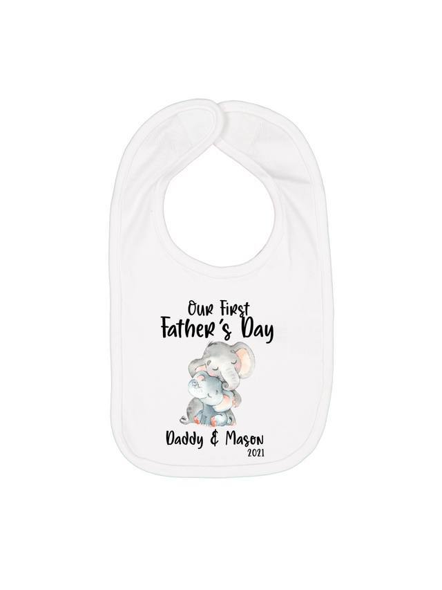Personalized Father’s Day baby bib with hugging elephants and custom name