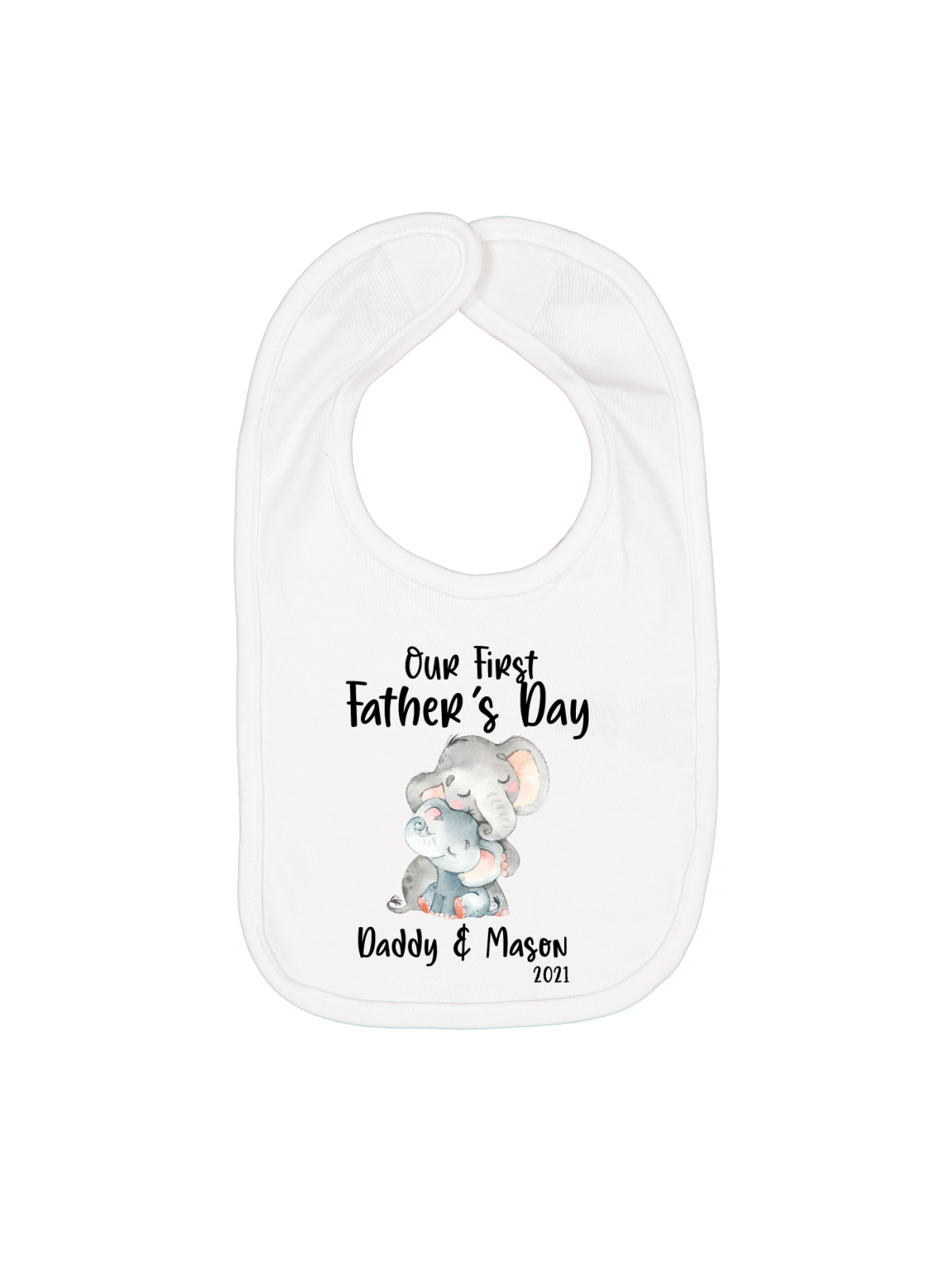 Personalized Father’s Day baby bib with hugging elephants and custom name