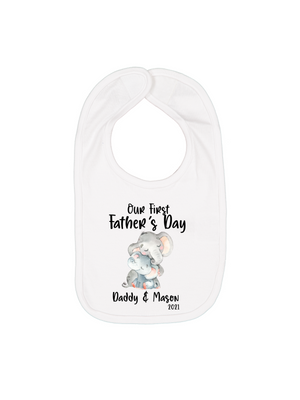 Personalized Father’s Day baby bib with hugging elephants and custom name