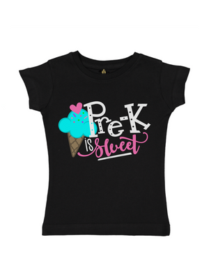 A black short-sleeve t-shirt for kids featuring a colorful graphic on the front that reads 'Pre-K IS Sweet' alongside a turquoise ice cream cone with pink hearts.