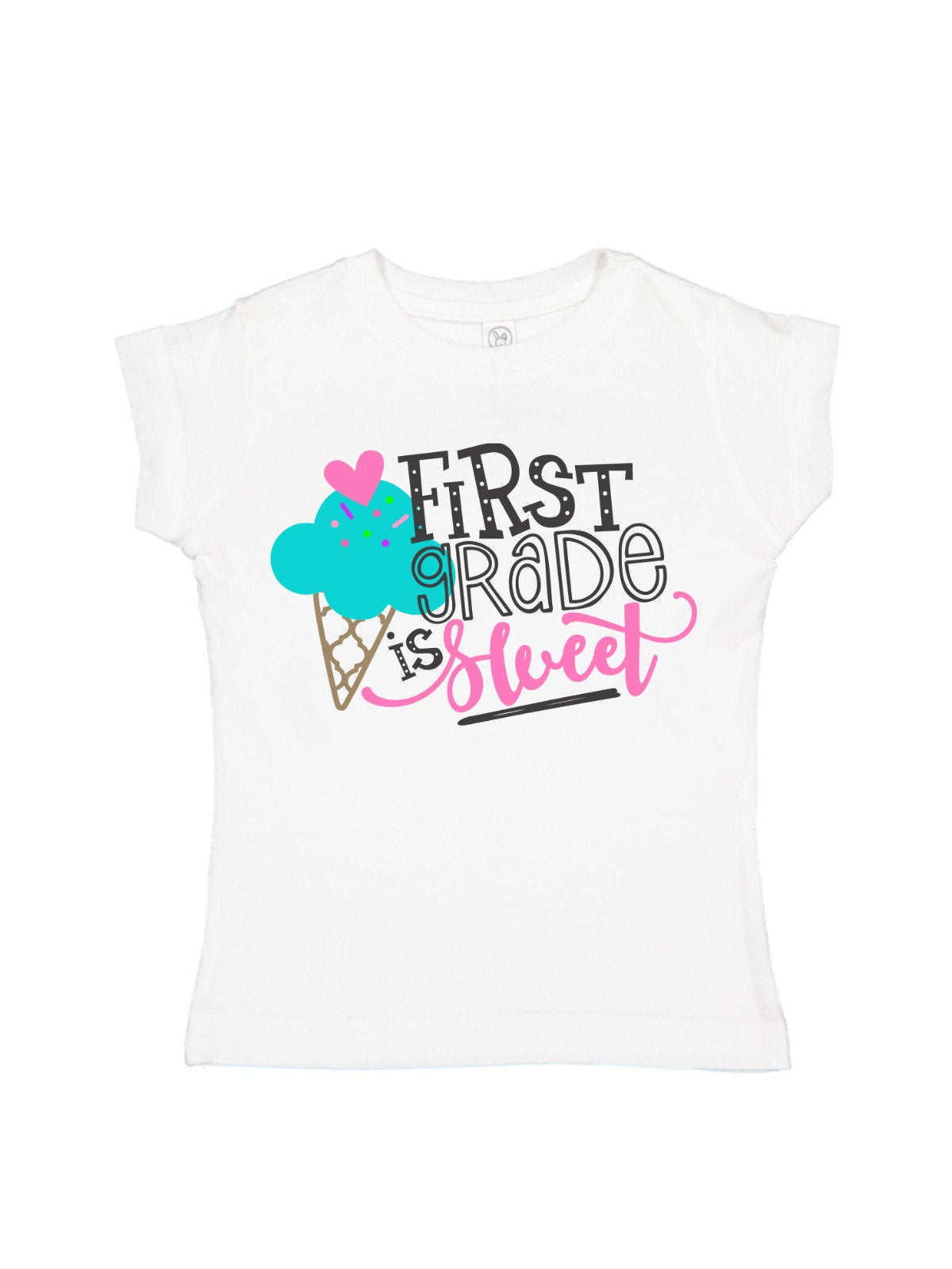 Set of girls' “First Grade is Sweet” t-shirts with colorful ice cream design in black, white, blue, and pink