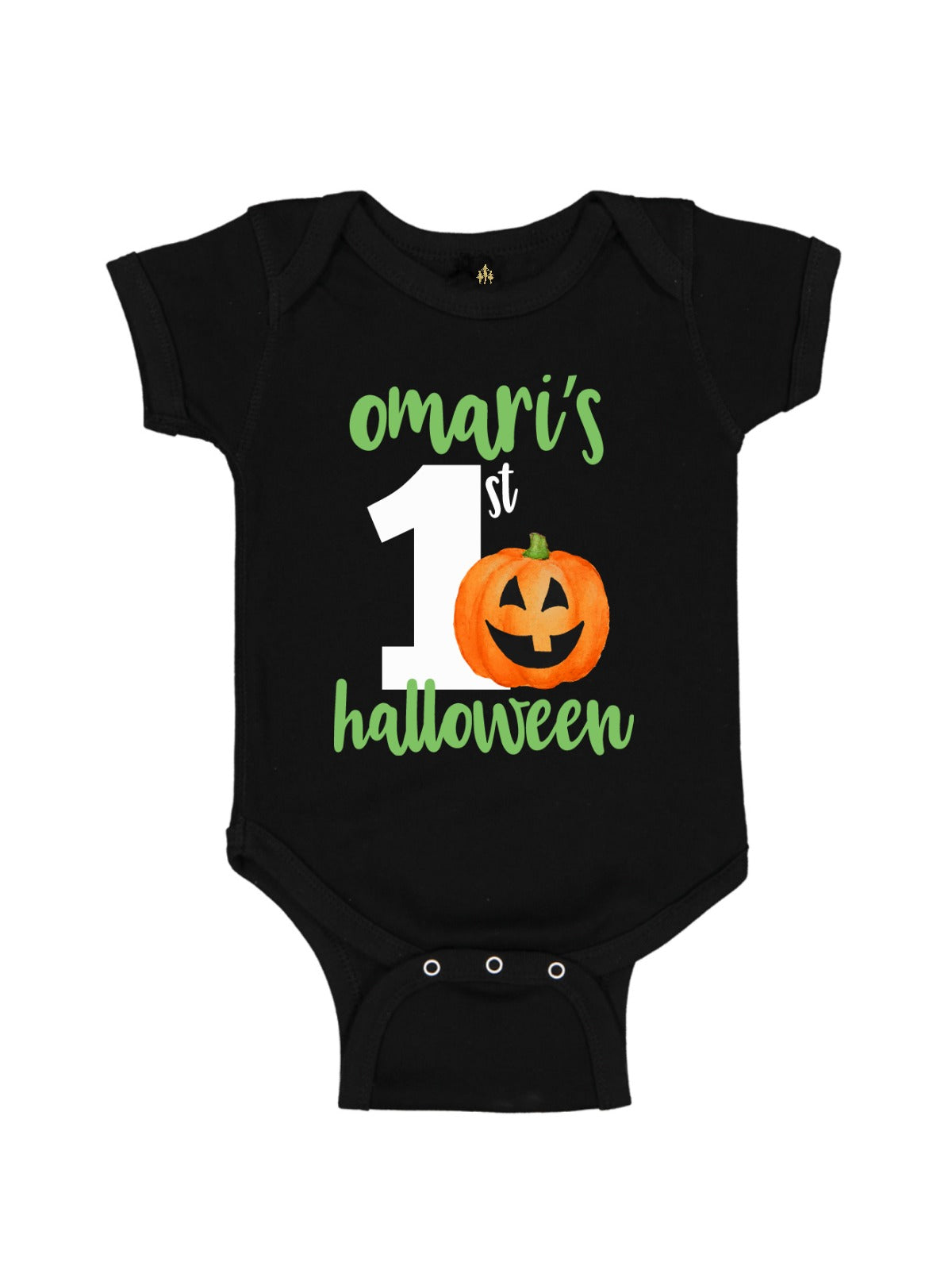 Personalized Black Infant One Piece Customized with First Halloween and Jack-o-Lantern Pumpkin