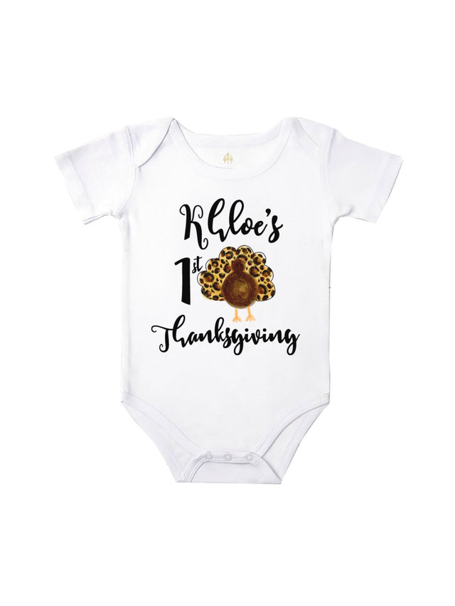 Short sleeve baby girl's first Thanksgiving bodysuit with animal print turkey