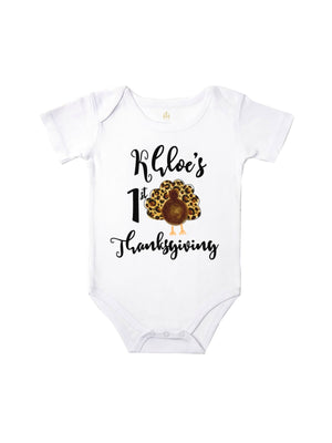 Short sleeve baby girl's first Thanksgiving bodysuit with animal print turkey