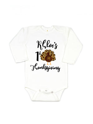 Long sleeve baby bodysuit with first Thanksgiving animal print turkey