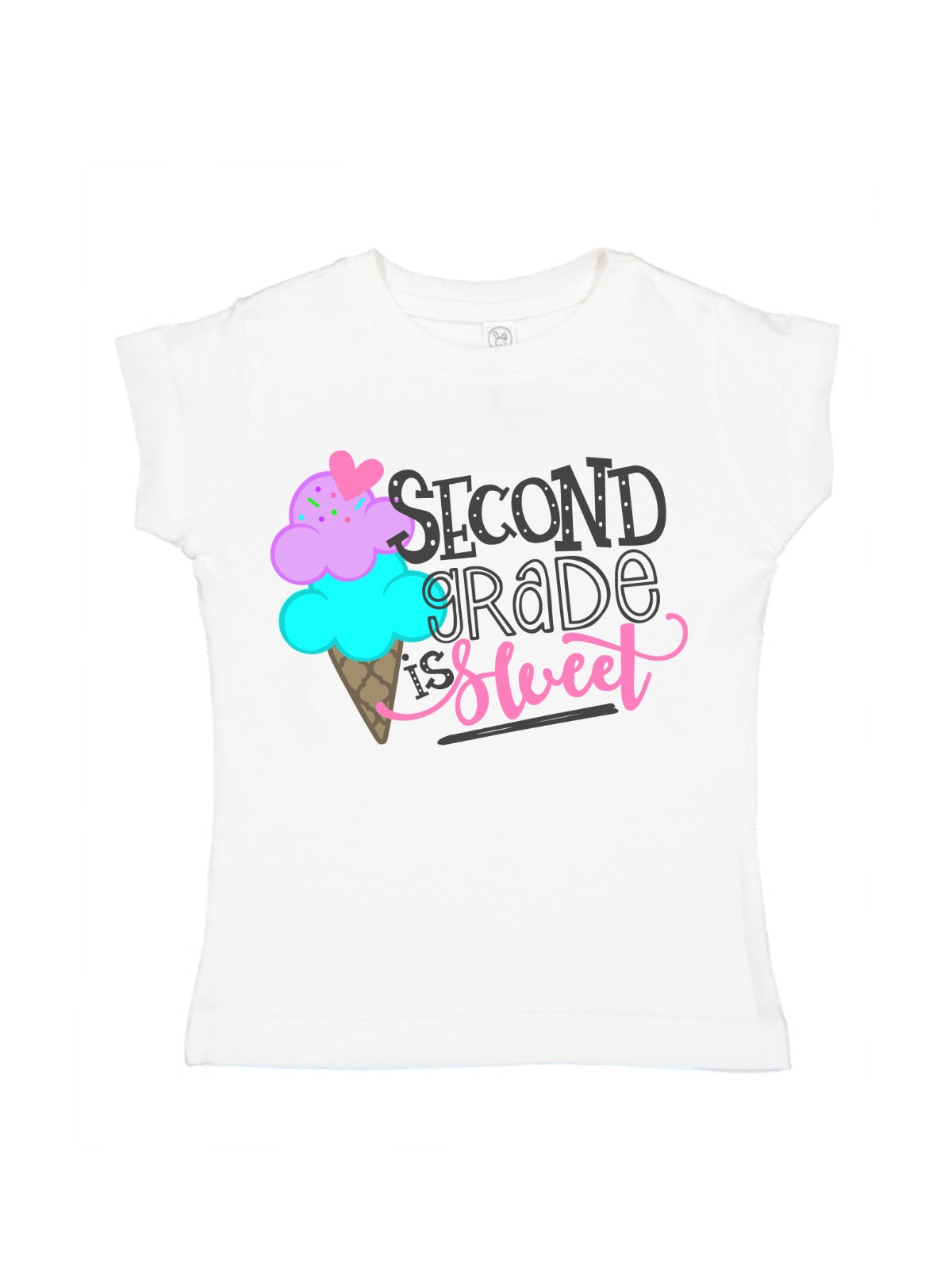 Set of girls’ “Second Grade is Sweet” t-shirts with ice cream cone design in white, blue, pink, and black