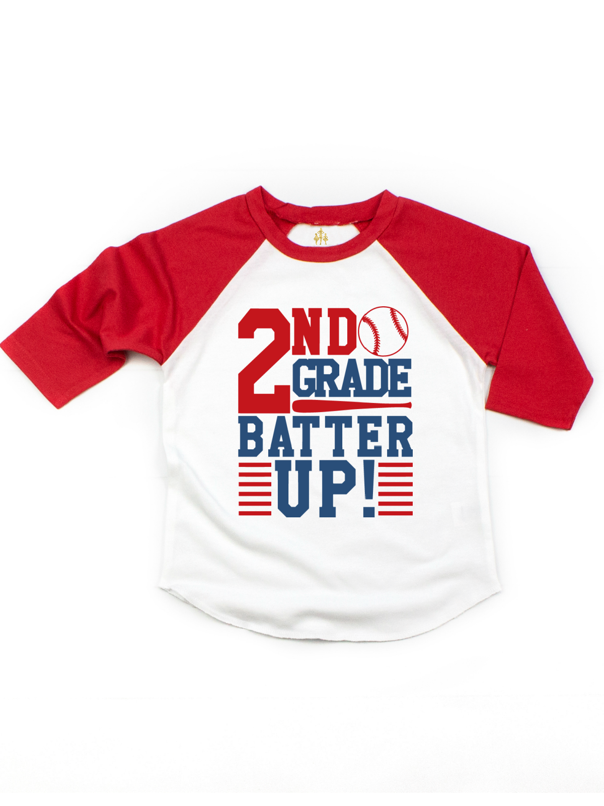 Red and white kids raglan t-shirt with “2nd Grade Batter Up” baseball design – back to school shirt for boys
