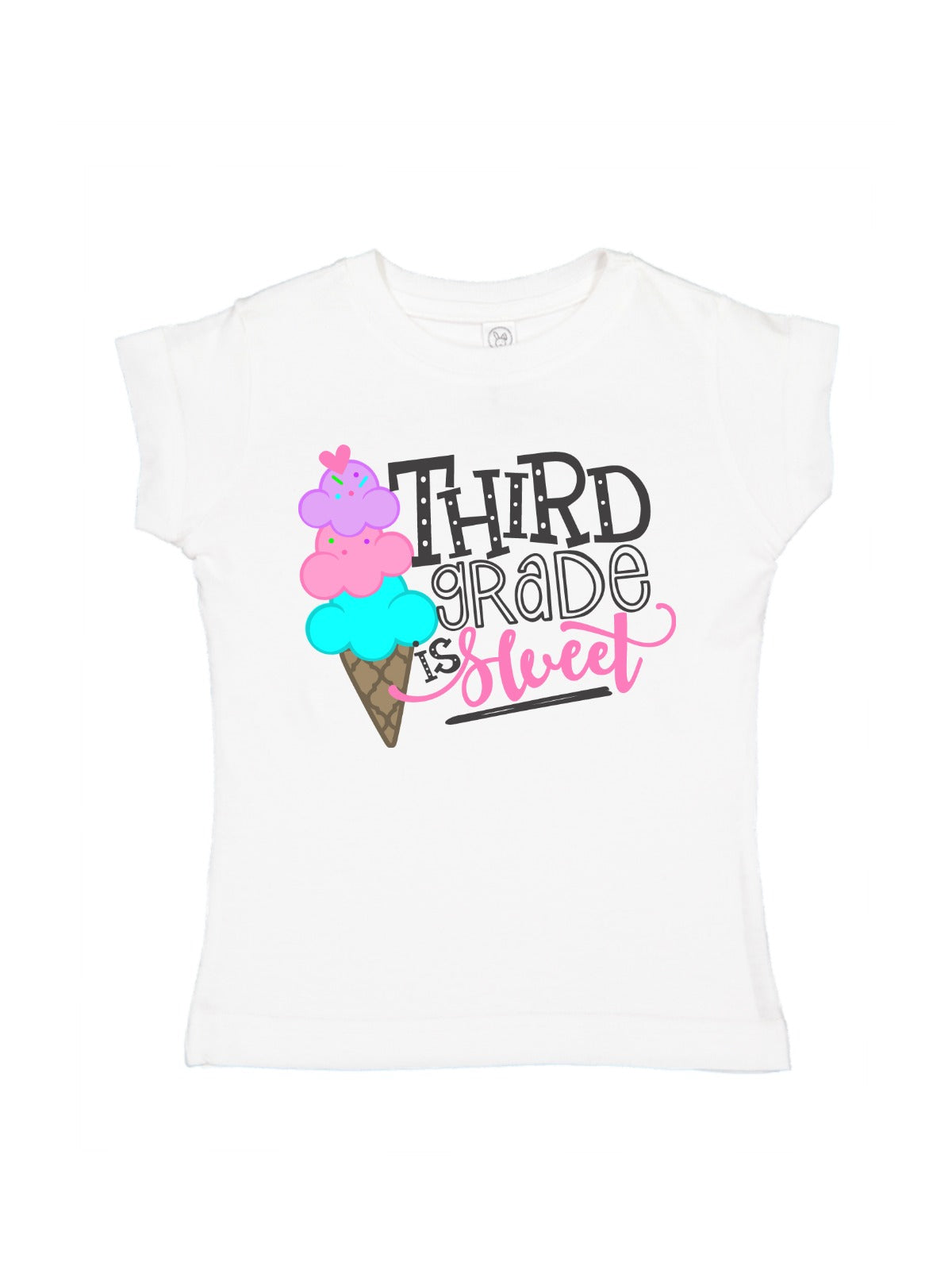 Set of girls’ “Third Grade is Sweet” back-to-school t-shirts with ice cream graphic in black, white, blue, and pink