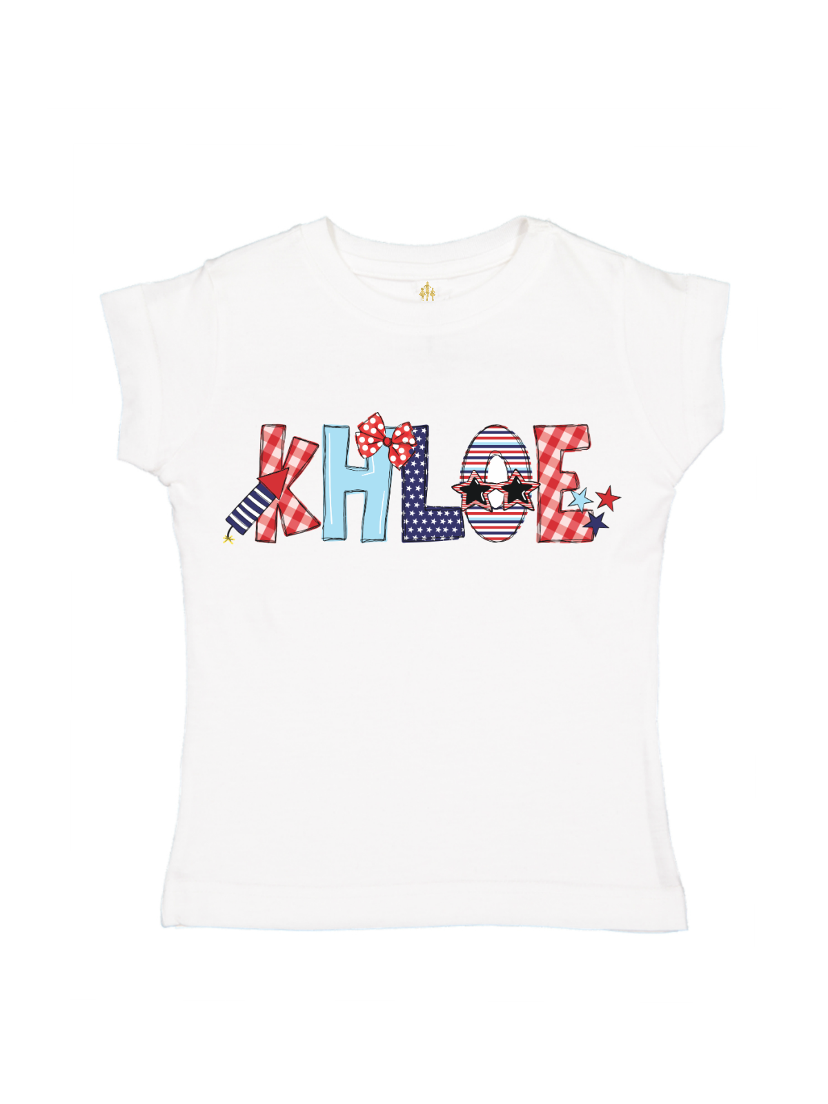 White girls’ t-shirt with custom name “Khloe” in red, white, and blue patriotic prints, including stars, stripes, and bows