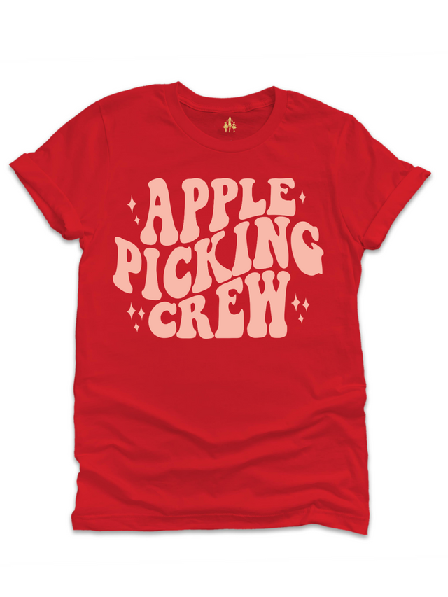 Red retro Apple Picking Crew shirt for women – fall orchard outfit