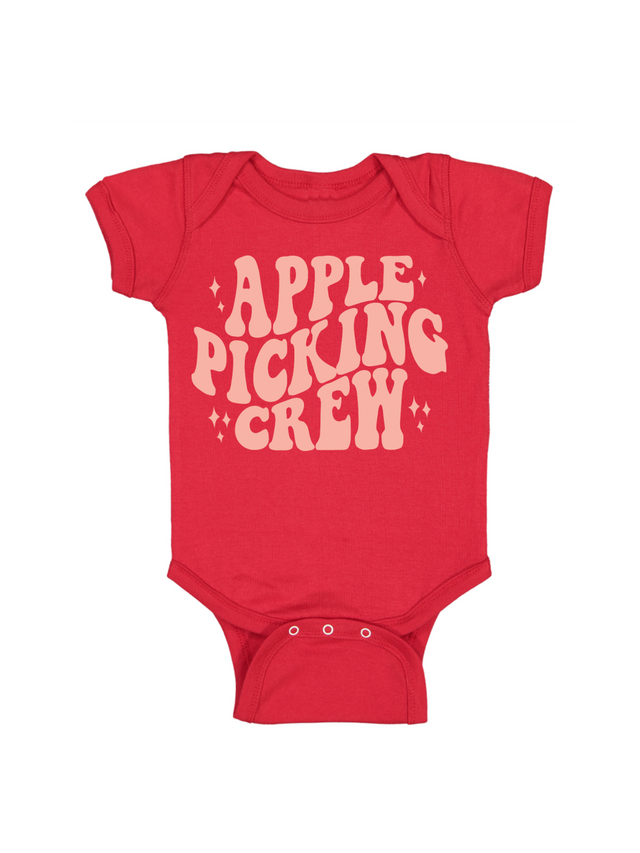 Kids red Apple Picking Crew shirt with groovy sparkles – infant baby outfit