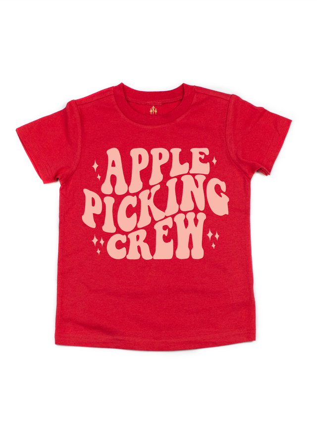 Kids red Apple Picking Crew shirt with groovy sparkles – toddler and youth fall tee