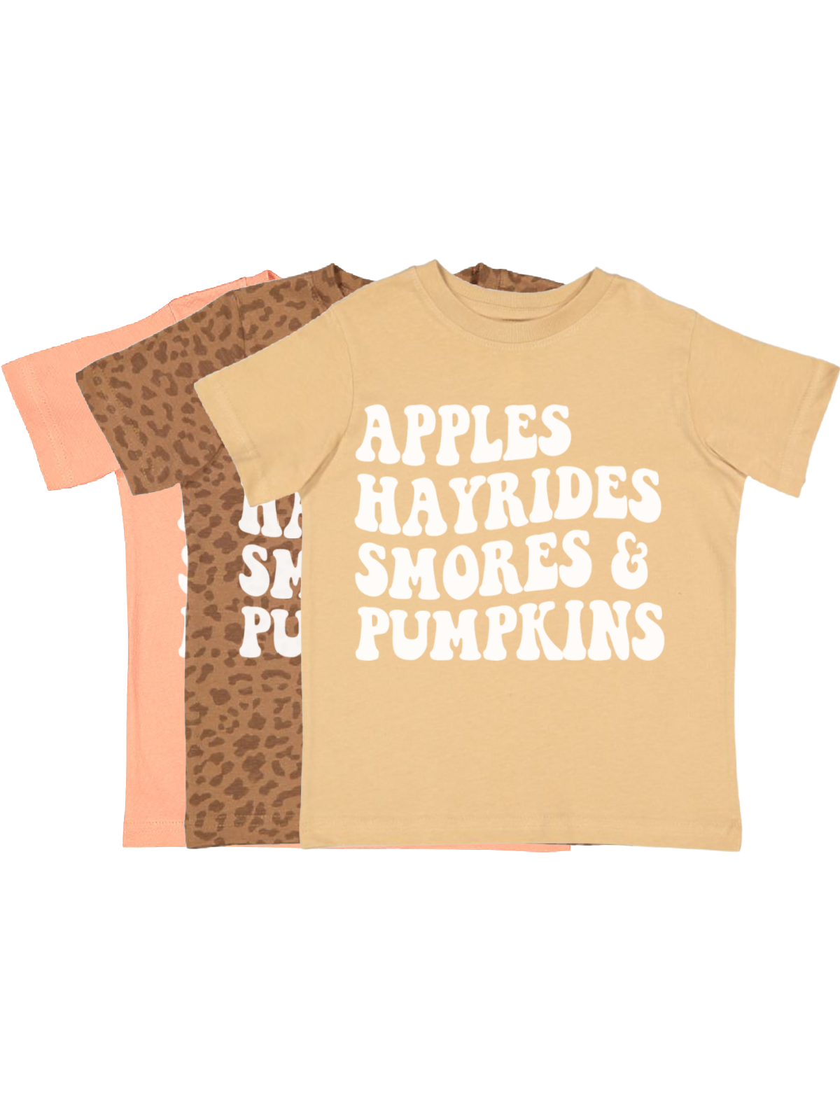 Apples Hayrides Smores and Pumpkins Kids Fall Shirts in Latte Leopard Print and Peach