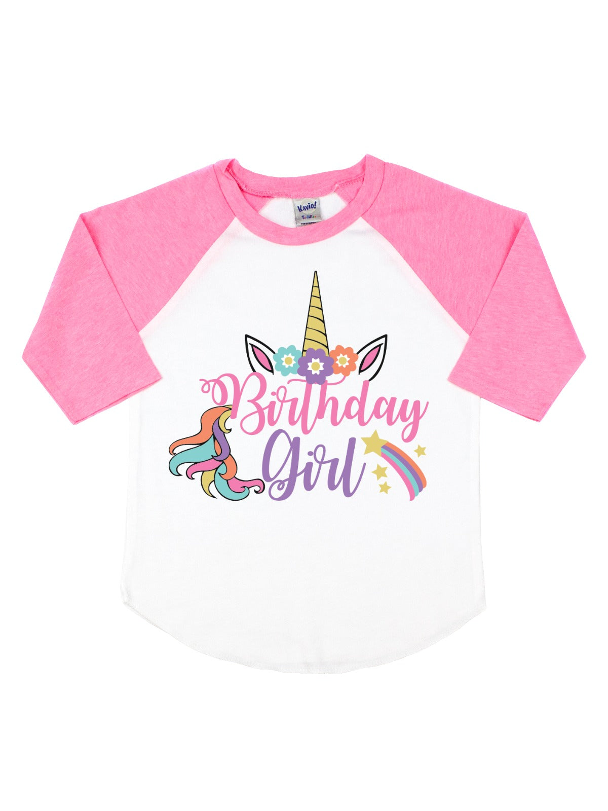 birthday girl unicorn pink and white raglan shirt
