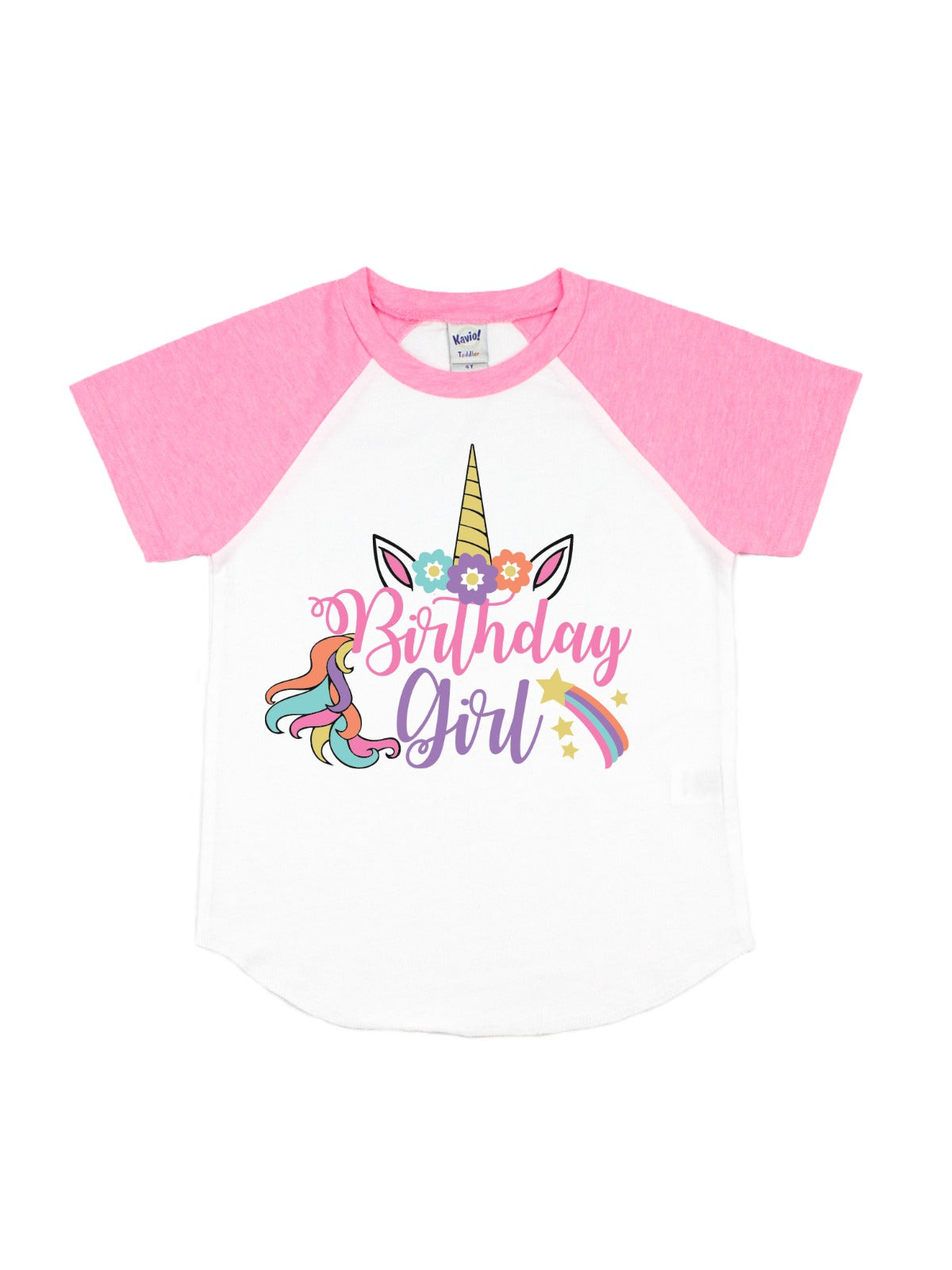 birthday girl unicorn pink and white raglan shirt