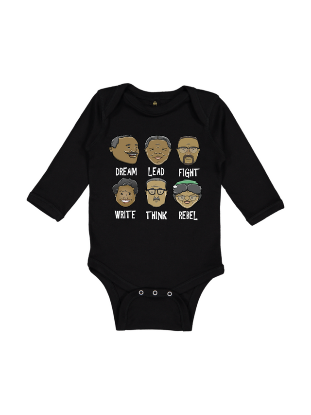 Long sleeve black infant one piece with Martin Luther King, Harriet Tubman, Malcolm X, Maya Angelou, Marcus Garvey, and Rosa Parks