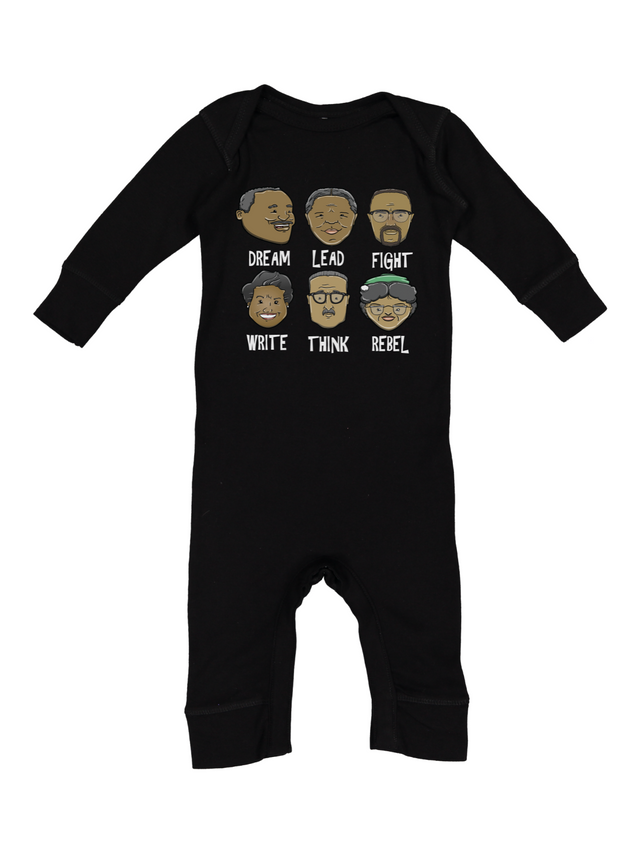 Black long sleeve infant black history month outfit coverall romper with Martin Luther King Jr, Harriet Tubman, Malcolm X, Maya Angelou, Marcus Garvey, and Rosa Parks