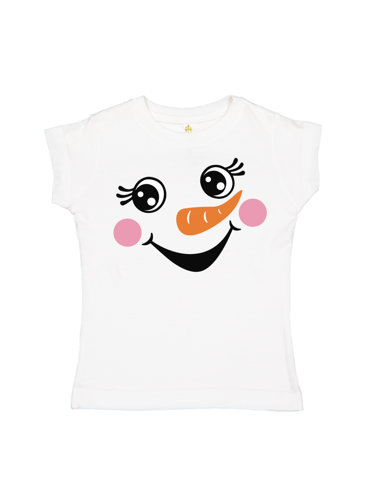 White long sleeve kids t-shirt with blushing snowman face with carrot nose
