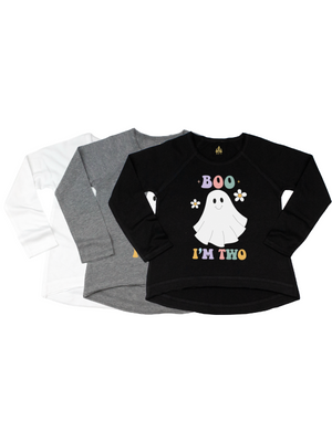 Boo I'm Two Girls Retro Spooky Ghost Long Sleeve Shirts in White, Gray, and Black