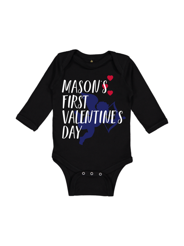 Black long sleeve infant bodysuit personalized with Mason's First Valentine's Day in white, blue, and red hearts