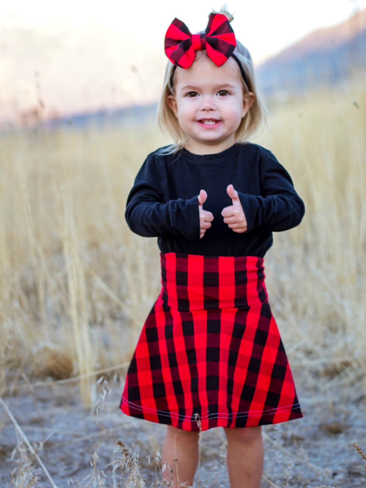 girls buffalo plaid red and black skirt
