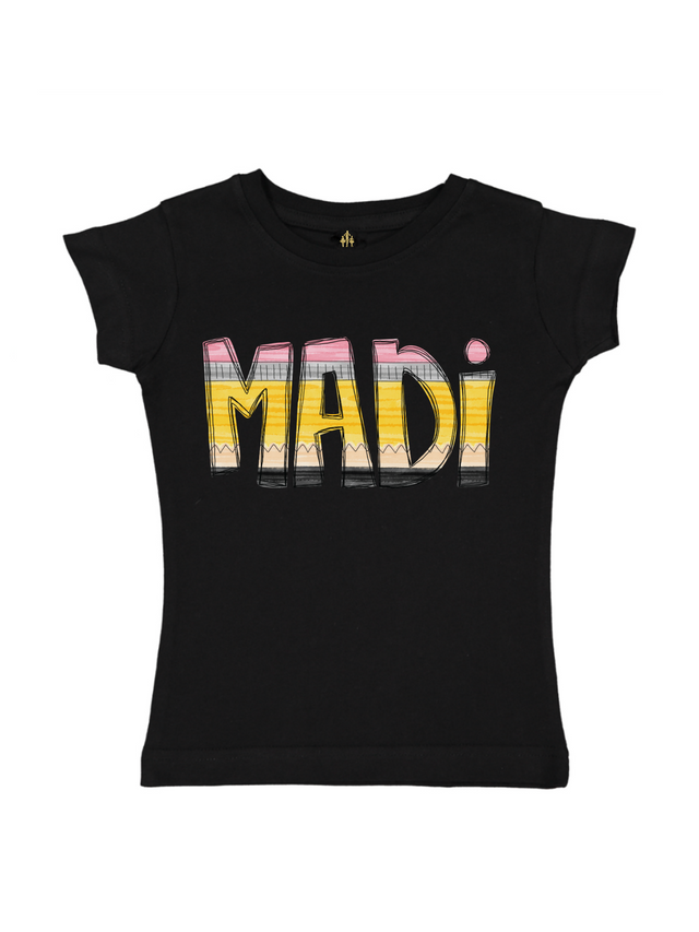 Black custom kids t-shirt with colorful pencil font spelling “Kennedy” – personalized back to school shirt for girls