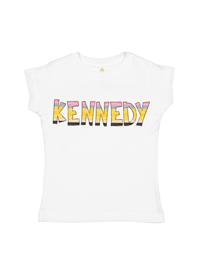 White custom kids t-shirt with colorful pencil font spelling “Kennedy” – personalized back to school shirt for girls