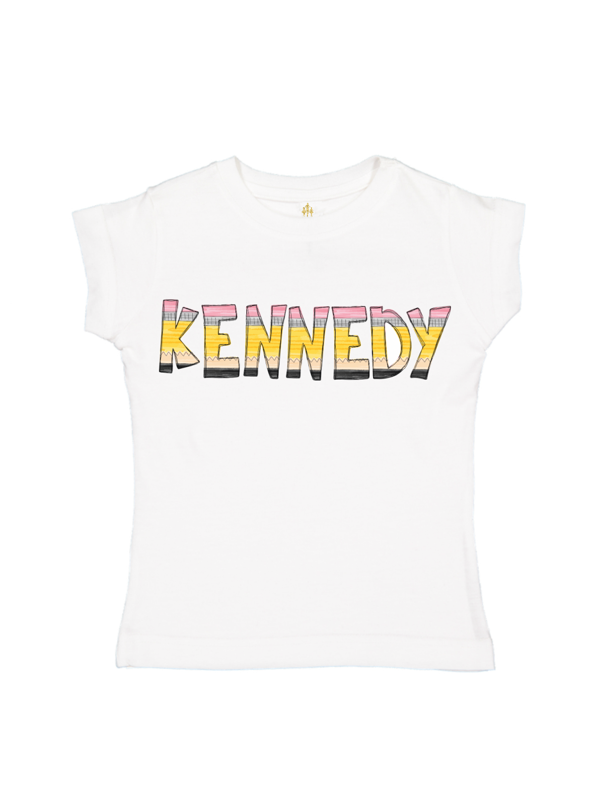 White custom kids t-shirt with colorful pencil font spelling “Kennedy” – personalized back to school shirt for girls