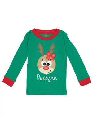 Personalized Girls Red and Green Reindeer Christmas Pajama Top