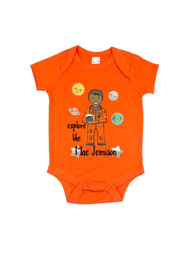 Infant short sleeve orange Black History Month one piece Explore like Mae C Jemison infant bodysuit