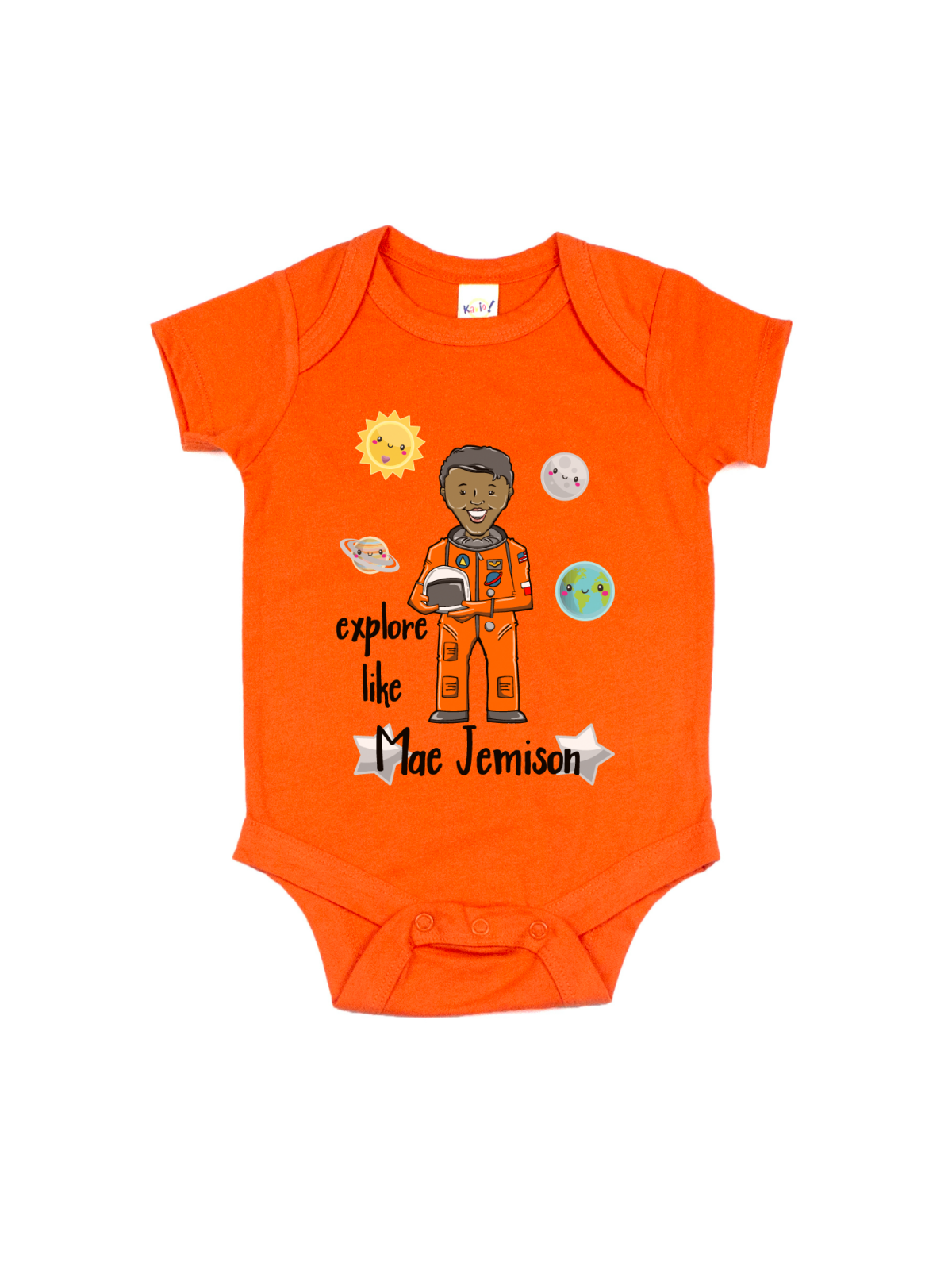 Infant short sleeve orange Black History Month one piece Explore like Mae C Jemison infant bodysuit