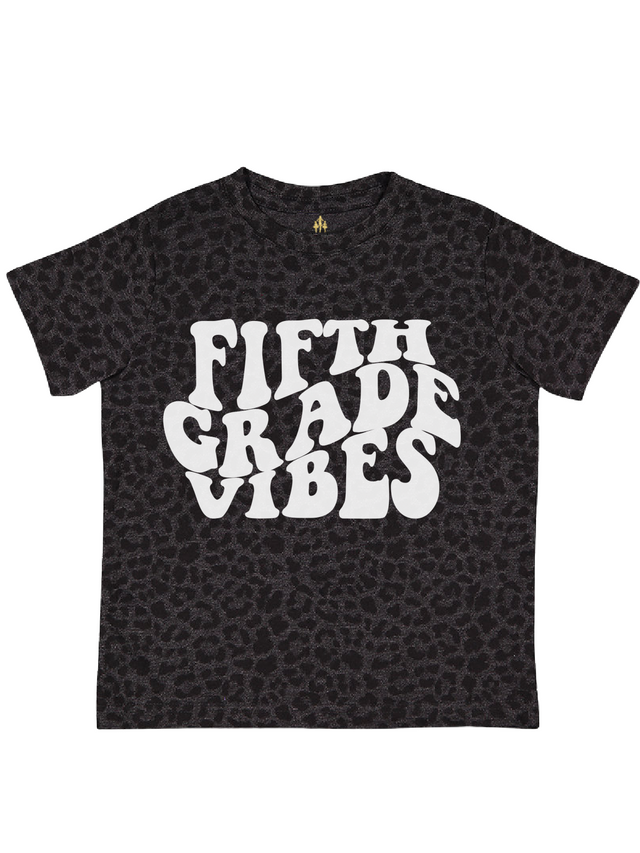 Black leopard print kids tee with bold white “FIFTH GRADE VIBES” text – trendy back to school shirt for 5th graders