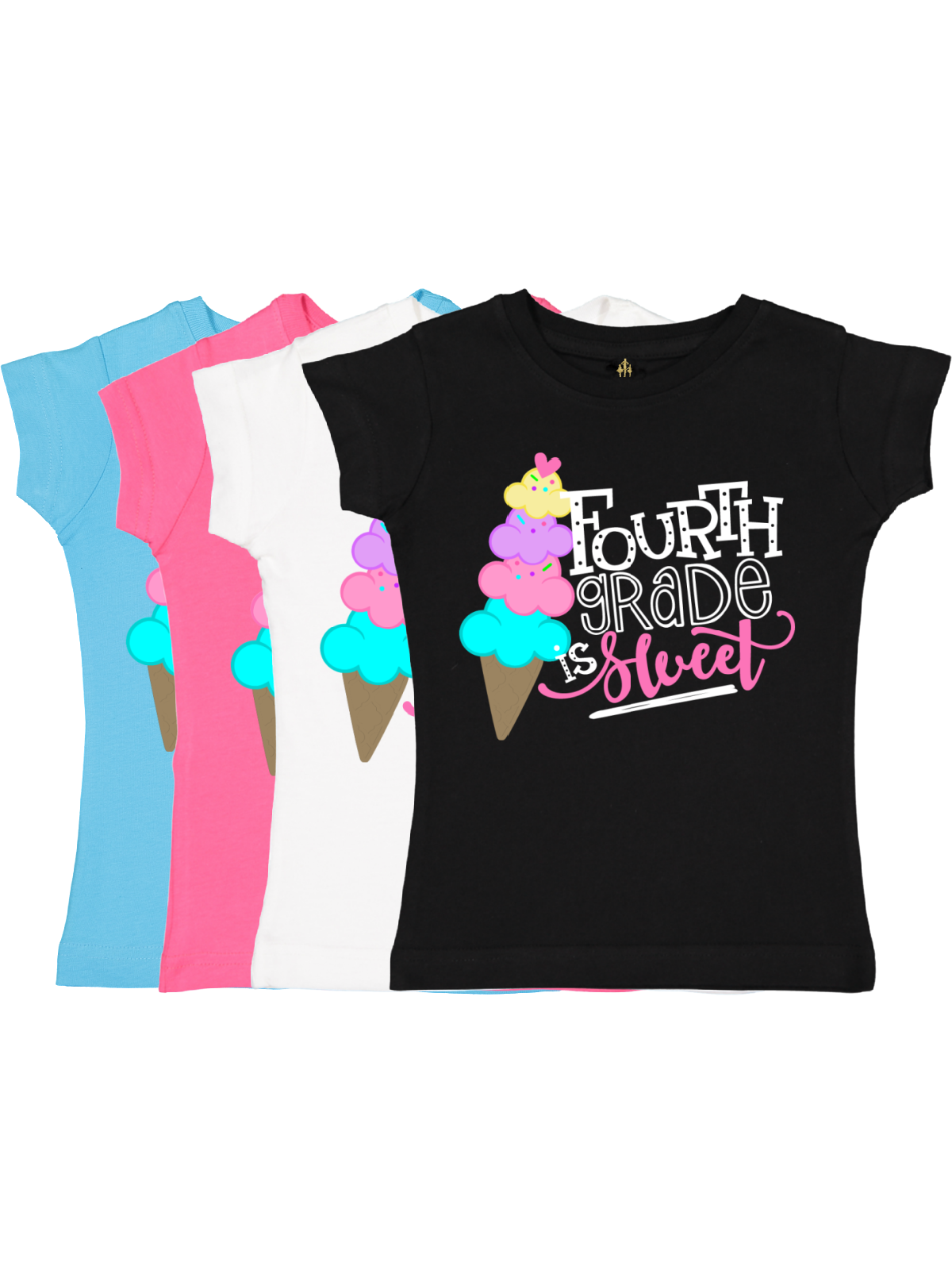 Girls’ “Fourth Grade is Sweet” ice cream-themed back-to-school t-shirts in black, white, blue, and pink