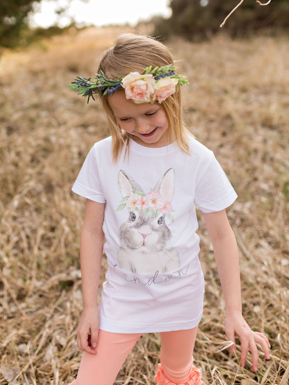 Girls Flower Crown Bunny Personalized Shirt Pink
