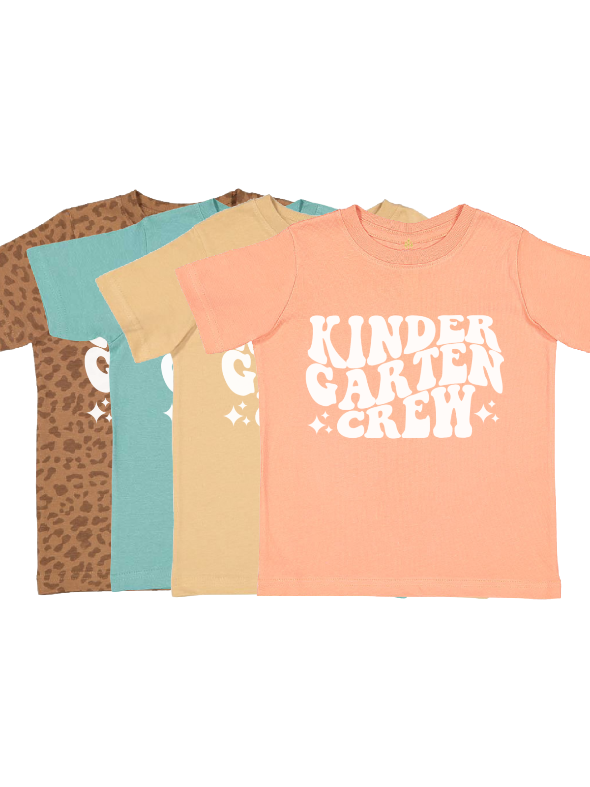 Brown cheetah print kids shirt with bold white “Kindergarten Crew” lettering – trendy first day of school tee for kindergartners