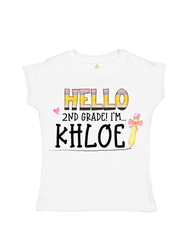 White girls back to school shirt with “Hello 2nd Grade I’m Khloe” design