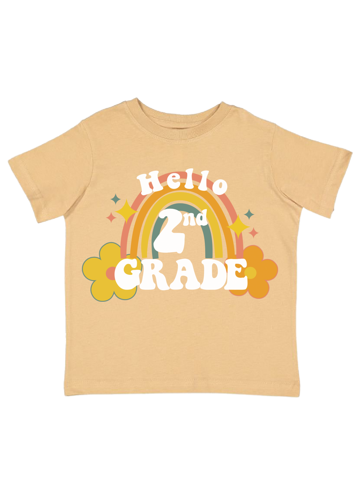 Three colorful kids shirts with retro rainbow and flower design that says “Hello 2nd Grade” – girls back to school first day of school shirt, available Pre-K to 5th grade