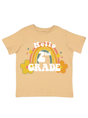 Hello Second Grade Kids Retro Rainbow T-Shirt in Latte 