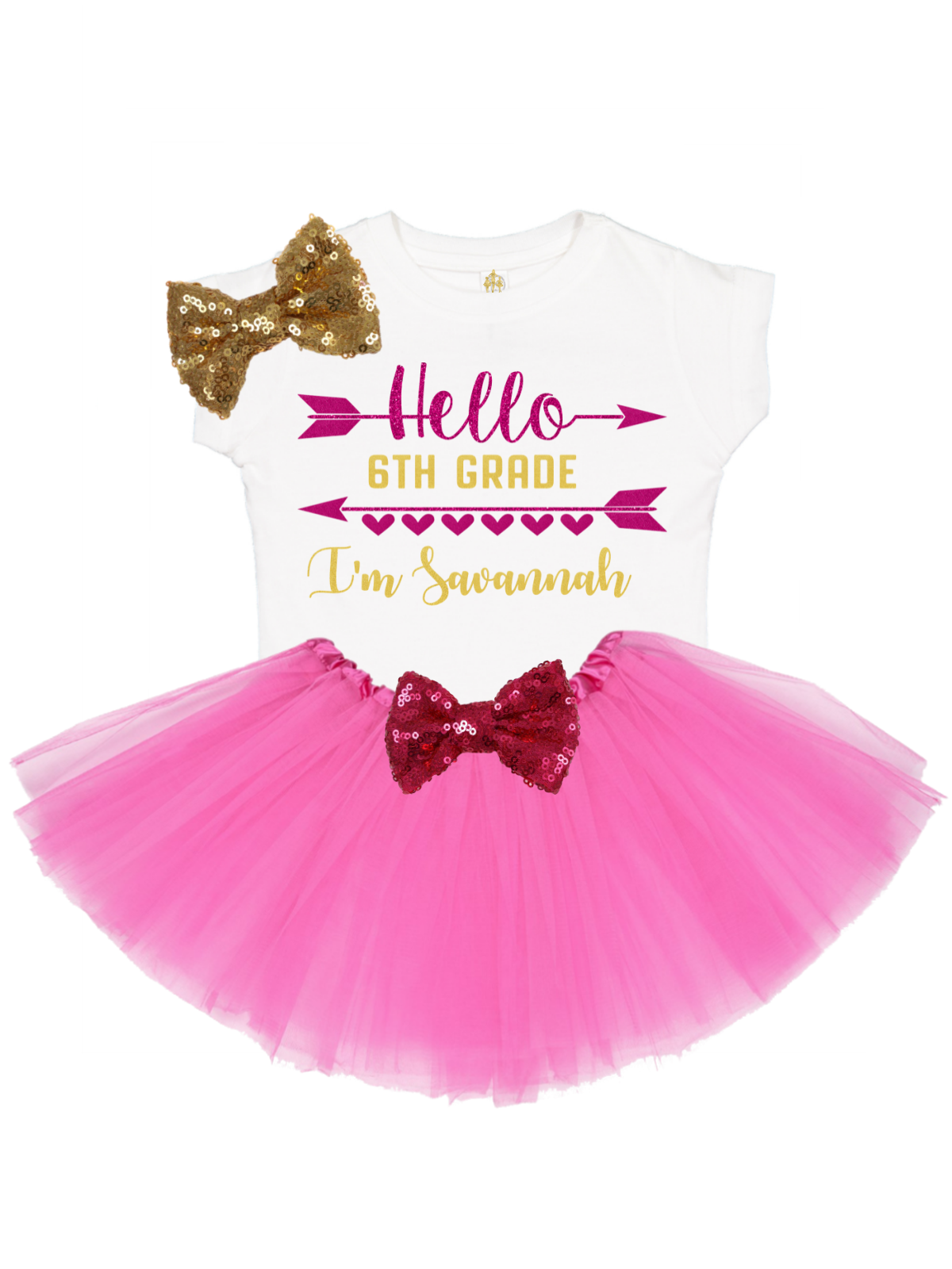 Hello 6th Grade personalized girls first day of school tutu outfit with white shirt, pink tulle skirt, and gold and red sequin bows – MM of Philly
